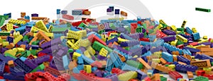 Colored toy bricks background. Rainbow colors. Random coloured plastic construction blocks. 3D illustration. 3D