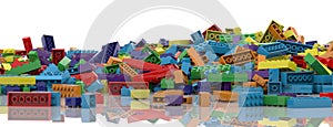 Colored toy bricks background. Rainbow colors. Random coloured plastic construction blocks. 3D illustration. 3D