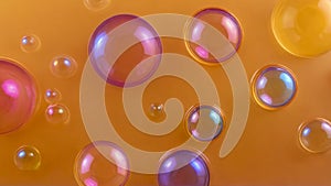 Colored translucent bubbles on pale orange background. Pastel colors. Chaotic arrangement of balls. Soft volumetric lighting