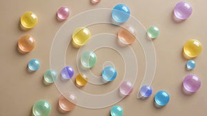 Colored translucent bubbles on pale pink background. Pastel colors. Chaotic arrangement of balls. Soft volumetric lighting