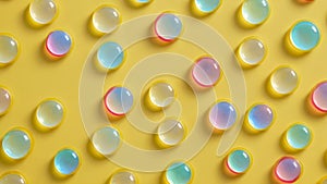 Colored translucent bubbles on pale yellow background. Pastel colors. Chaotic arrangement of balls. Soft volumetric lighting