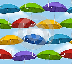 Colored umbrella pattern. Opening rain tools umbrellas decent vector seamless background