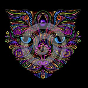 Colored vector cat with a third eye from patterns in the zentangle style