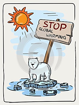 Colored vector hand drawn illustration of a polar bear dying from global warming and climate change