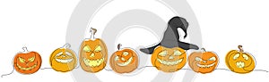 Colored vector illustration with stylized Halloween pumpkins and hat