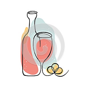 Colored vector illustration with wine bottle, wineglass and grapes in line art style. Hand drawn continuous line sketch isolated