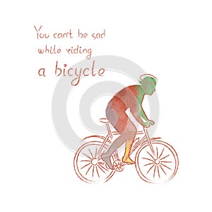 Colored vector poster with a silhouette of a man in a bicycle helmet riding a bike. Sport and leisure activity concept.