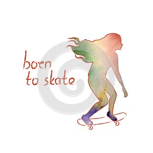 Colored vector poster with a silhouette of a skating girl with long flying hair. Sport and leisure activity concept.