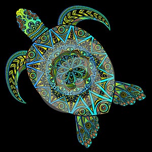 Colored vector turtle in zentangle style on a black background