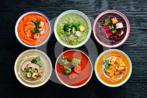 Colored vegetable soup cream. Dietary food.