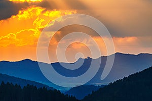 Colored view of horizons over the valleys near sunset, Carpathia