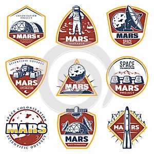 Colored vintage space labels set with inscriptions mars exploration