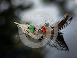 Colored water drops on the feather