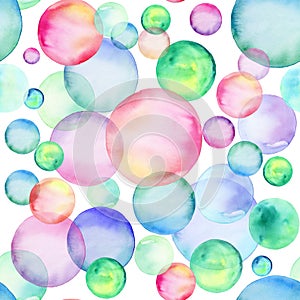 Colored watercolor circles. Seamless pattern. Rainbow bubbles. Hand-drawn illustration