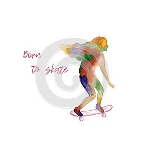 Colored watercolor poster with a silhouette of a skating girl with long flying hair. Sport and leisure activity concept.