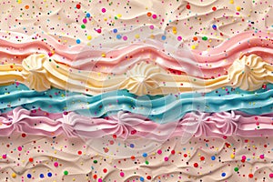 Colored whipped creams with sprinkles on white background.