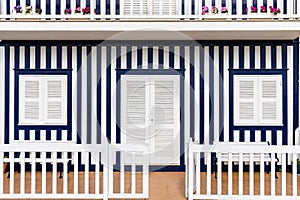 Colored Windows of Costa Nova do Prado, Portugal. Windows in typical small wooden house with colorful stripes in Costa Nova.