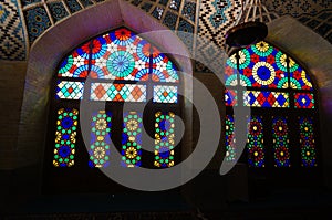 Colored windows of Nasir Al-Mulk Mosque in Iran.