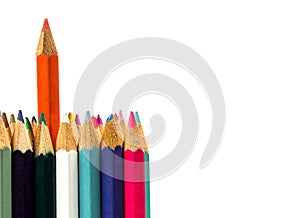 Colored wooden sharpened pencils for office and school on a white background