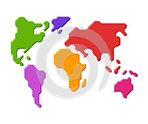 Colored world map on an isolated white background. Cartoon continents in flat design. Vector stock illustration