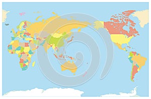 Colored World Map Pacific Centred. No text