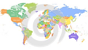Colored world map. Political maps, colourful world countries and country names.