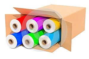 Colored wrapping plastic stretch films in cardboard box, 3D rend