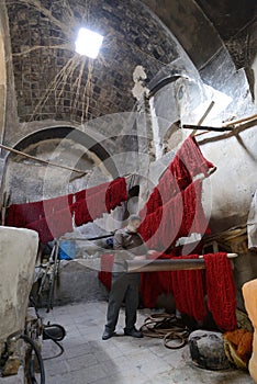 Colored yarn in market (Bazaar) in Kashan, Iran