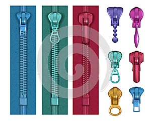 Colored zipper. Fashioned locks and buckles handback bungee puller vector realistic pictures