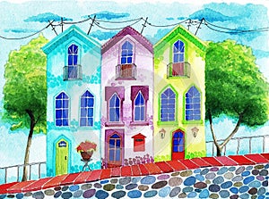 Colorfool houses. Watercolor photo