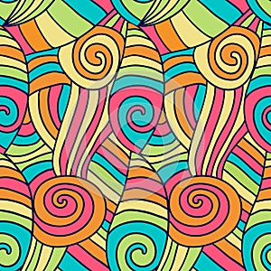 Colorfu abstract waves pattern. Hand drawn spiral wavy background. Vector ethnic coloring texture.