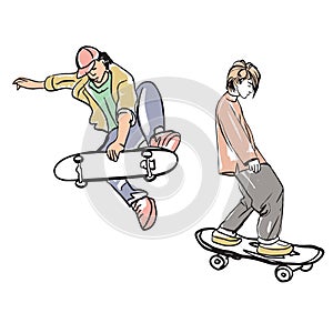 Colorfu,color, red lips sketch of a beautiful nature,sketch , boys, sport , skate on a background drawing picture Flat vector