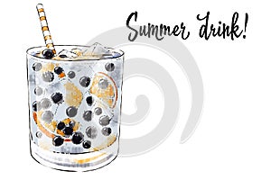 Colorfu hand-drawn illustration of delicious smoothie of fresh fruit. Fresh summer cocktail with blueberries and orange. Glass jar