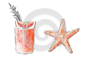 Colorfu hand-drawn illustration of delicious smoothie of fresh fruit and the starfish. Fresh summer cocktail with grapefruit and r