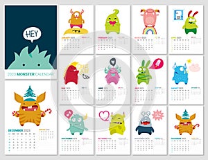 Colorful 2023 calendar illustrated with a cute little monster for every month.