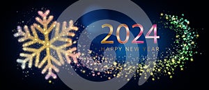 Colorful 2024 Happy New Year Card With Golden Glitter Snowflake In Abstract Blue Night