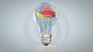 Colorful 3d brain rotating inside a lightbulb, great mind concept, loop