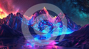 Colorful 3D landscape showcasing bright mountains, radiant rivers, and a starry sky for a captivating visual experience
