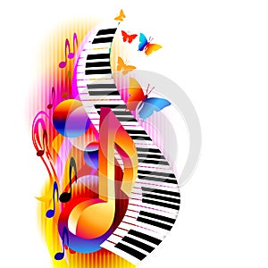 Colorful 3d music notes with piano keyboard and butterfly.