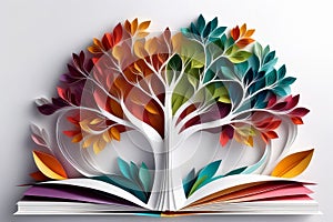 Colorful 3D origami paper book and growing tree with vibrant leaves and flowers on a white background for design