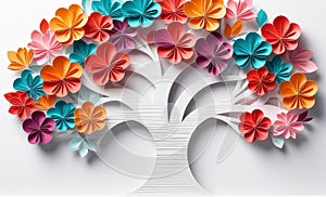 Colorful 3D origami paper tree with vibrant flowers on a white background for design and interior art decor.