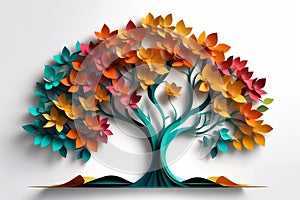 Colorful 3D origami paper tree with vibrant leaves and flowers on a white background for design and interior art decor.