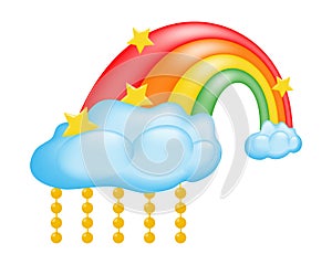 Colorful 3D rainbow in cartoon style with clouds