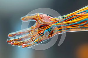 Colorful 3D Rendered Human Anatomy Illustration of Arm Muscles and Nerves on a Blurred Background