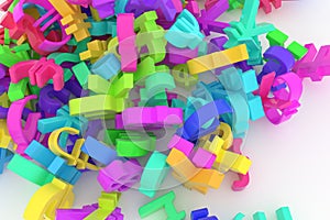 Colorful 3D rendering. Abstract CGI typography, bunch of currency sign represent money or profit. Wallpaper for graphic design.