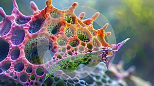 A colorful 3D rendering of a moss spore structure with its bulbous and latticed body resembling a fantastical alien