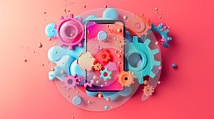 Colorful 3D Rendering of Smartphone with Abstract Geometric Shapes and Cogs on Vibrant Pink Background