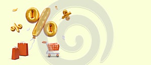 Colorful 3D sale concept. Shopping cart, paper bags, huge holiday discount balloons