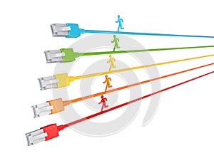 Colorful 3d small people running on a patchcords.