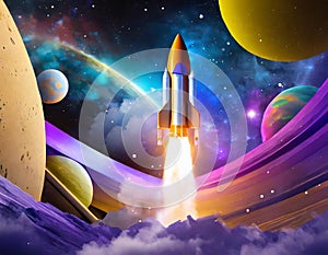 Colorful 3D space scene with abstract dimensions and rocket